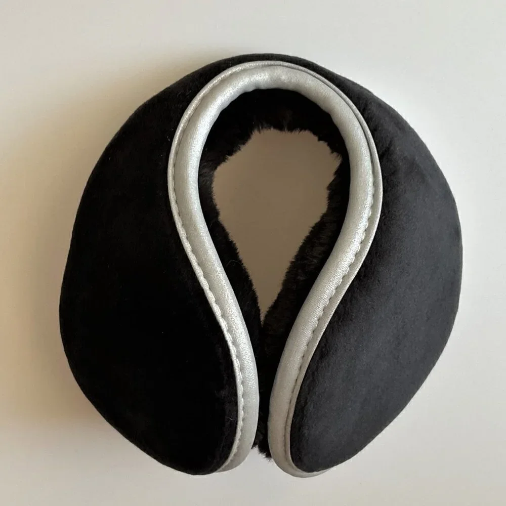 Soft Plush Fleece Earmuffs Black Gray Behind The Head Winter Ear Warmers
